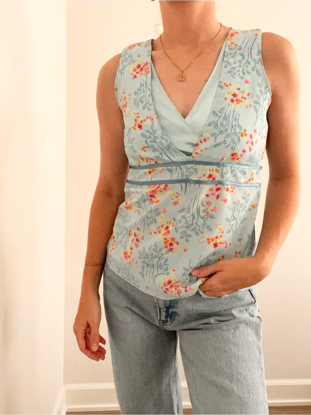 Vintage Old Navy Light Blue Silky Floral V-Neck Camisole